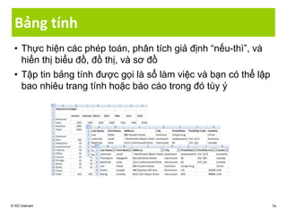 Bảng tính
• Thực hiện các phép toán, phân tích giả định “nếu-thì”, và
hiển thị biểu đồ, đồ thị, và sơ đồ
• Tập tin bảng tính được gọi là sổ làm việc và bạn có thể lập
bao nhiêu trang tính hoặc báo cáo trong đó tùy ý
© IIG Vietnam 74
 