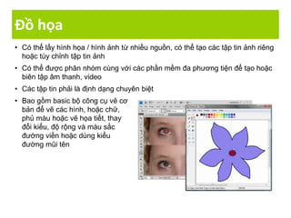 Đồ họa
• Có thể lấy hình họa / hình ảnh từ nhiều nguồn, có thể tạo các tập tin ảnh riêng
hoặc tùy chỉnh tập tin ảnh
• Có thể được phân nhóm cùng với các phần mềm đa phương tiện để tạo hoặc
biên tập âm thanh, video
• Các tập tin phải là định dạng chuyên biệt
• Bao gồm basic bộ công cụ vẽ cơ
bản để vẽ các hình, hoặc chữ,
phủ màu hoặc vẽ họa tiết, thay
đổi kiểu, độ rộng và màu sắc
đường viền hoặc dùng kiểu
đường mũi tên
 