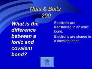 Nuts & Bolts
           200
What is the     Electrons are
                transferred in an ionic
difference      bond.
between a       Electrons are shared in
                a covalent bond.
ionic and
covalent
bond?
 