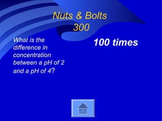 Nuts & Bolts
                 300
What is the
difference in
                     100 times
concentration
between a pH of 2
and a pH of 4?
 
