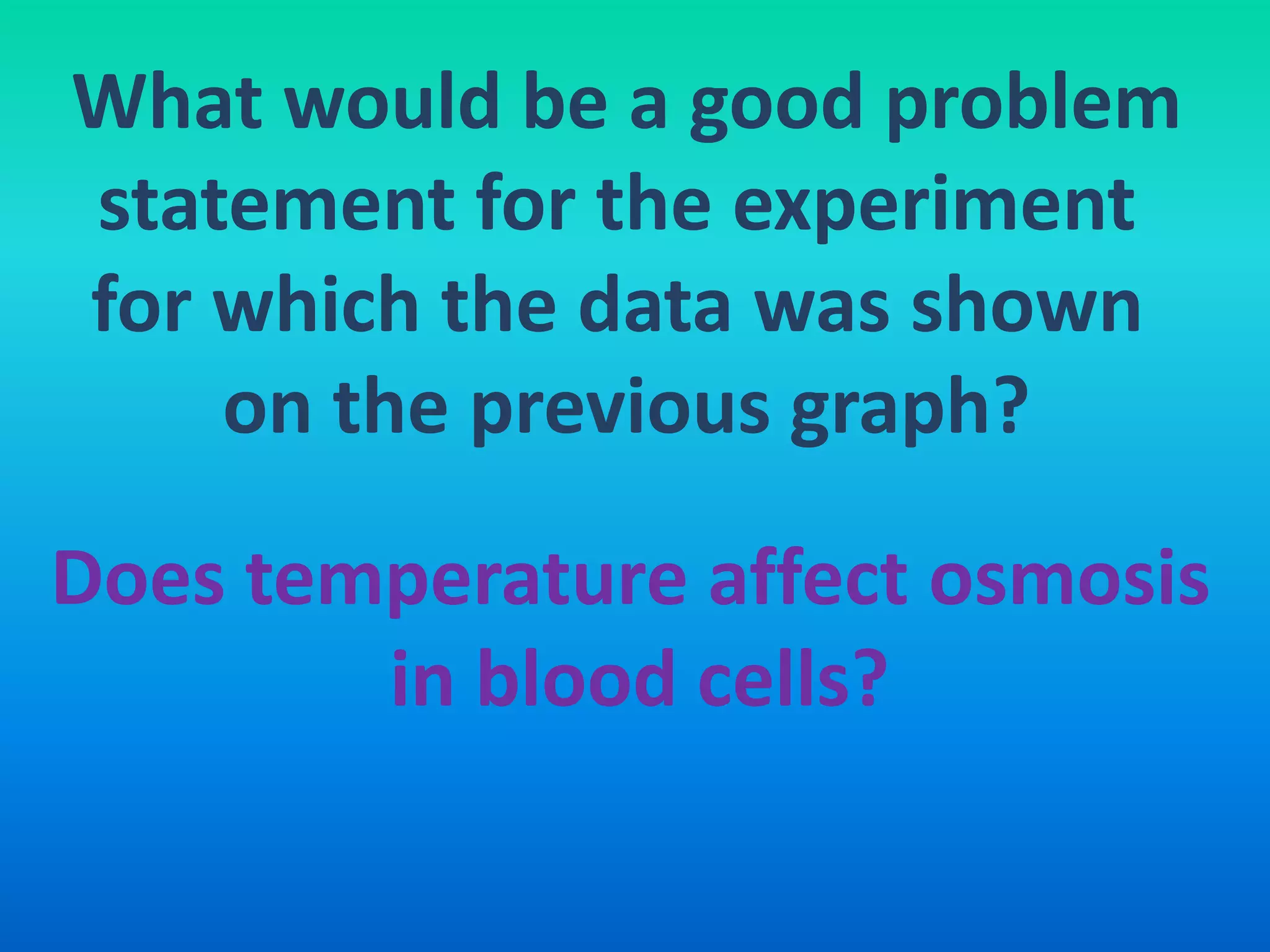 What would be a good problem
statement for the experiment
for which the data was shown
    on the previous graph?

Does temperature affect osmosis
        in blood cells?
 