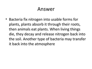 Answer
• Bacteria fix nitrogen into usable forms for
plants, plants absorb it through their roots,
then animals eat plants. When living things
die, they decay and release nitrogen back into
the soil. Another type of bacteria may transfer
it back into the atmosphere

 