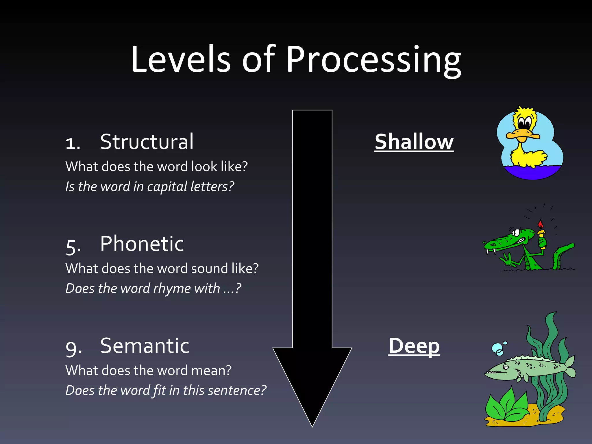 Levels of Processing Structural    Shallow   What does the word look like? Is the word in capital letters? Phonetic  What does the word sound like? Does the word rhyme with …? Semantic    Deep What does the word mean? Does the word fit in this sentence? 
