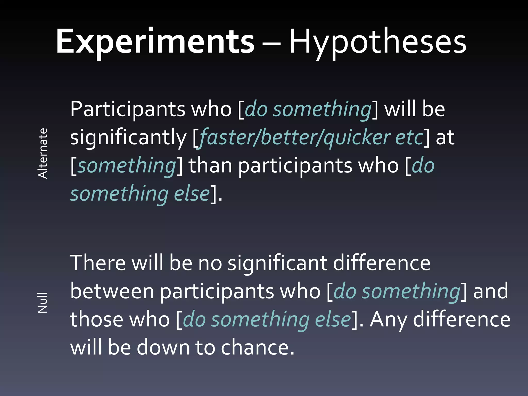 Experiments  – Hypotheses  Participants who [ do something ] will be significantly [ faster/better/quicker etc ] at [ something ] than participants who [ do something else ]. There will be no significant difference between participants who [ do something ] and those who [ do something else ]. Any difference will be down to chance. Alternate Null 