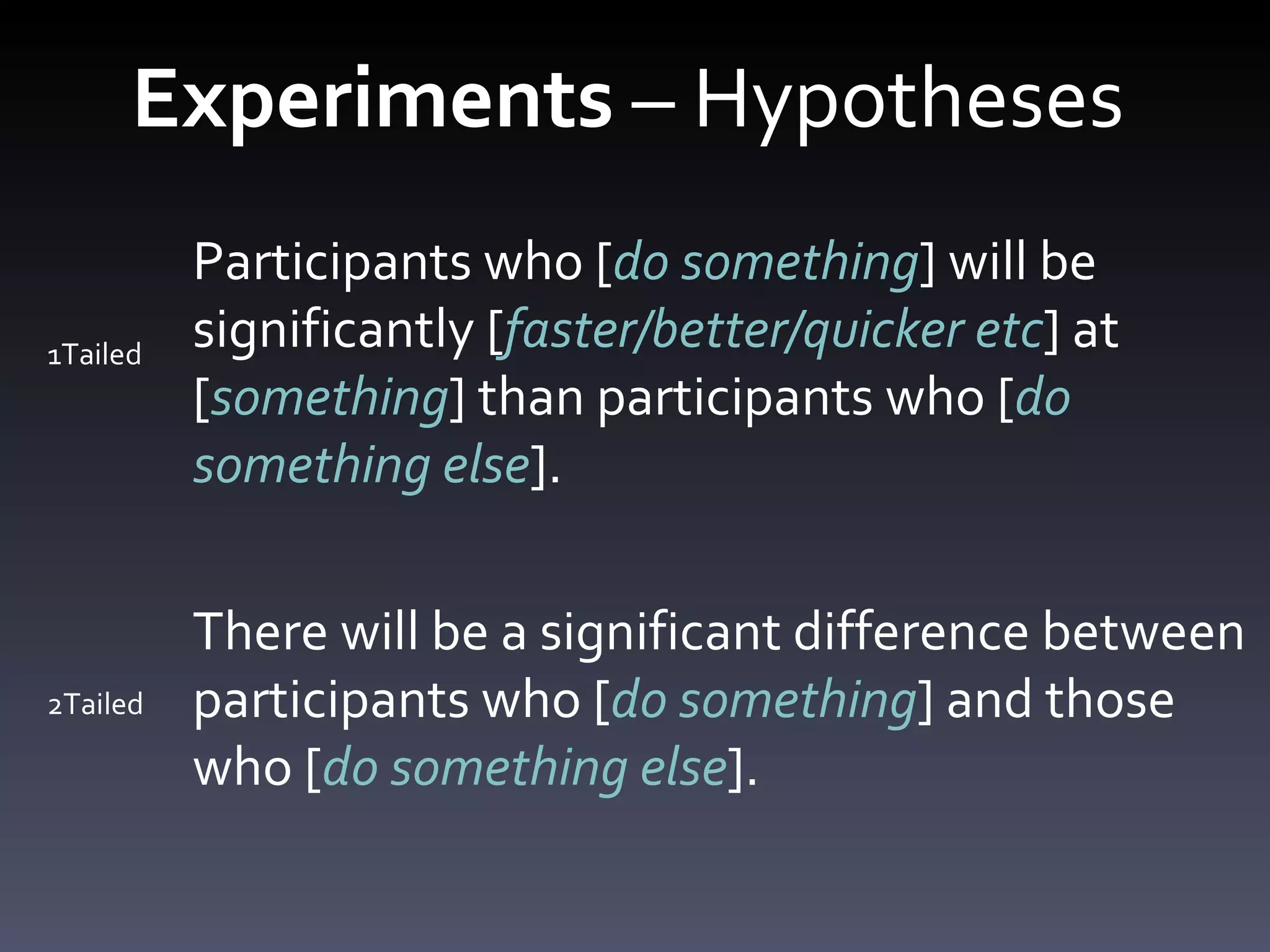 Experiments  – Hypotheses  Participants who [ do something ] will be significantly [ faster/better/quicker etc ] at [ something ] than participants who [ do something else ]. There will be a significant difference between participants who [ do something ] and those who [ do something else ].  1Tailed 2Tailed 