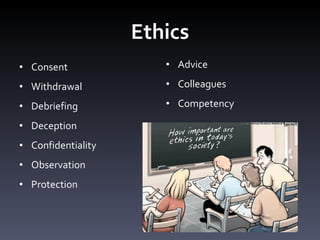 Ethics Consent Withdrawal Debriefing  Deception Confidentiality Observation  Protection Advice Colleagues Competency  