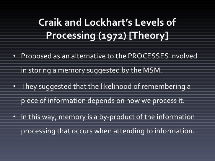 a study on recreating craik and lockharts levels of processing theory Craik and lockhart (1972) proposed the idea that deeper levels of _____ result in stronger the levels of processing memory proposed by craik and lockhart. a study on recreating craik and lockharts levels of processing theory Craik and lockhart (1972) proposed the idea that deeper levels of _____ result in stronger the levels of processing memory proposed by craik and lockhart.