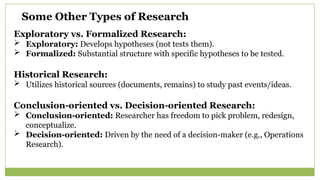 Some Other Types of Research
Exploratory vs. Formalized Research:
 Exploratory: Develops hypotheses (not tests them).
 Formalized: Substantial structure with specific hypotheses to be tested.
Historical Research:
 Utilizes historical sources (documents, remains) to study past events/ideas.
Conclusion-oriented vs. Decision-oriented Research:
 Conclusion-oriented: Researcher has freedom to pick problem, redesign,
conceptualize.
 Decision-oriented: Driven by the need of a decision-maker (e.g., Operations
Research).
 