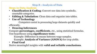 Step 8 : Analysis of Data
Steps in Data Analysis
• Classification & Coding: Convert raw data into symbolic,
countable categories.
• Editing & Tabulation: Clean data and organize into tables.
• Use of Technology
Computers assist in processing large datasets quickly and
efficiently.
• Drawing Inferences
Compute percentages, coefficients, etc., using statistical formulas.
Test hypotheses using significance tests:
Example: Difference in means between wage samples.
Example: Analysis of Variance (ANOVA) for crop yields.
• Final Goal
Derive meaningful insights with valid and reliable conclusions.
 