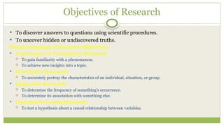Objectives of Research
 To discover answers to questions using scientific procedures.
 To uncover hidden or undiscovered truths.
Broad Groupings of Research Objectives:
 Exploratory or Formulative Research:
 To gain familiarity with a phenomenon.
 To achieve new insights into a topic.
 Descriptive Research:
 To accurately portray the characteristics of an individual, situation, or group.
 Diagnostic Research:
 To determine the frequency of something's occurrence.
 To determine its association with something else.
 Hypothesis-Testing Research:
 To test a hypothesis about a causal relationship between variables.
 