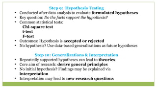 Step 9: Hypothesis Testing
• Conducted after data analysis to evaluate formulated hypotheses
• Key question: Do the facts support the hypothesis?
• Common statistical tests:
Chi-square test
t-test
F-test
• Outcomes: Hypothesis is accepted or rejected
• No hypothesis? Use data-based generalisations as future hypotheses
Step 10: Generalizations & Interpretation
• Repeatedly supported hypotheses can lead to theories
• Core aim of research: derive general principles
• No initial hypothesis? Findings may be explained via
interpretation
• Interpretation may lead to new research questions
 