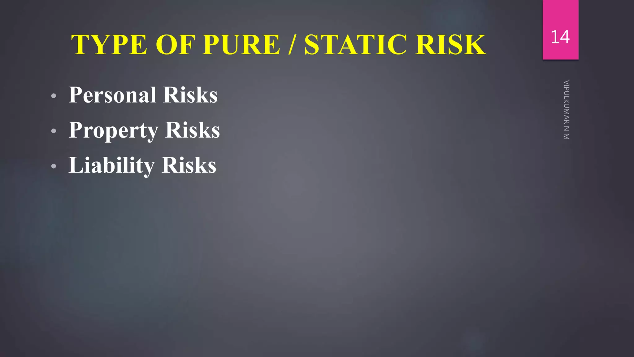 TYPE OF PURE / STATIC RISK
• Personal Risks
• Property Risks
• Liability Risks
14
 