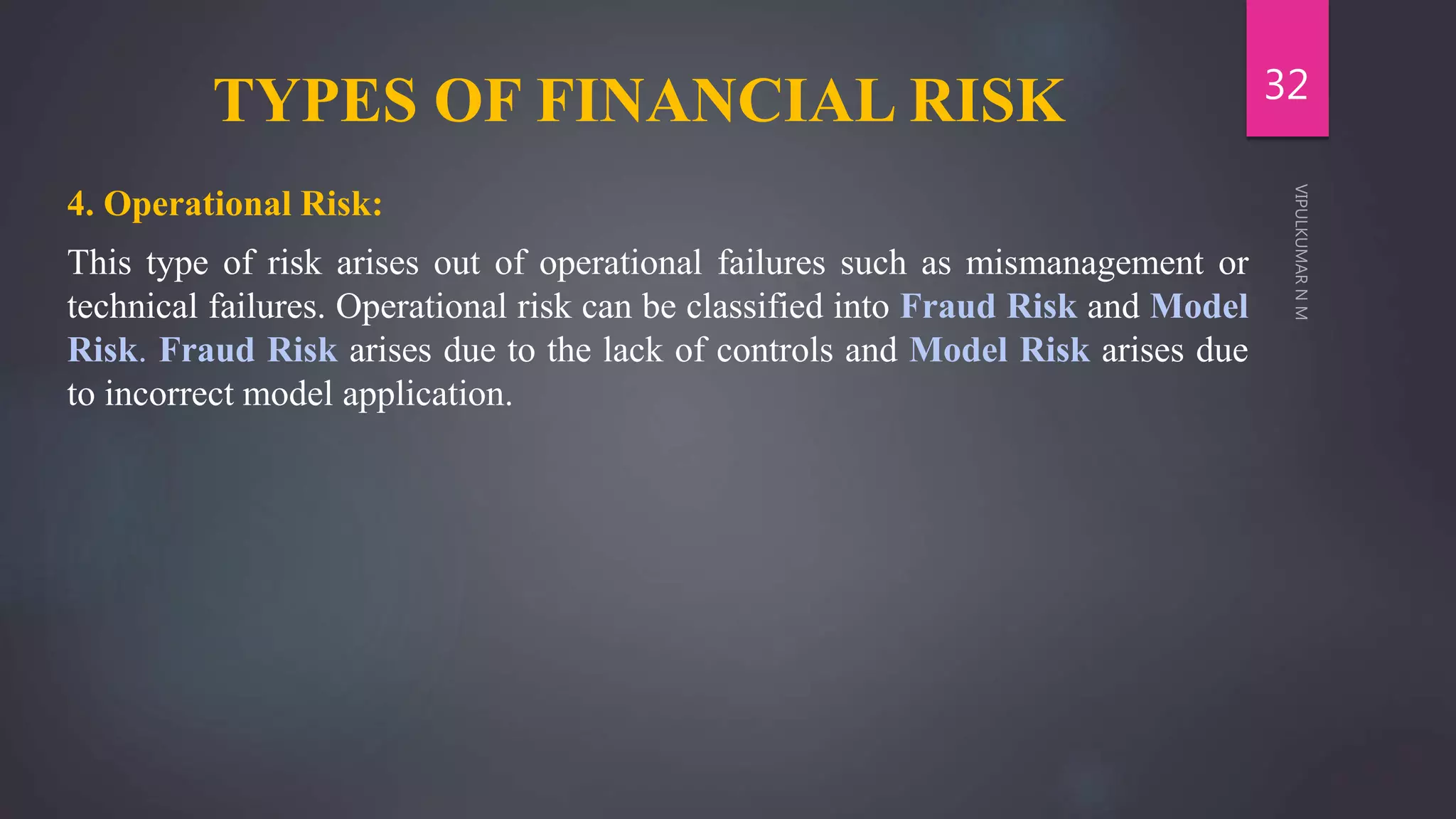 TYPES OF FINANCIAL RISK
4. Operational Risk:
This type of risk arises out of operational failures such as mismanagement or
technical failures. Operational risk can be classified into Fraud Risk and Model
Risk. Fraud Risk arises due to the lack of controls and Model Risk arises due
to incorrect model application.
32
 
