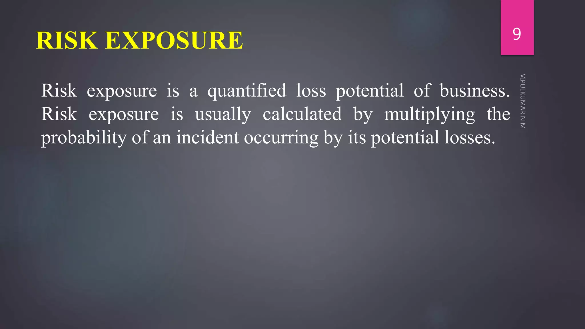 RISK EXPOSURE
Risk exposure is a quantified loss potential of business.
Risk exposure is usually calculated by multiplying the
probability of an incident occurring by its potential losses.
9
 