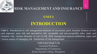 INTRODUCTION
1
UNIT-1
Unit 1: Introduction to risk management-elements of uncertainty peril, hazards; Sources of risk
and exposure, pure risk and speculative risk, acceptable and non-acceptable risks, static and
dynamic risk, various elements of cost of risk. Risk management process-definition, types and
various means of managing risk –limitations of risk management.
VIPULKUMAR N M
Assistant Professor,
Department of Commerce,
Kristu Jayanti College, Bengaluru
RISK MANAGEMENT AND INSURANCE
 