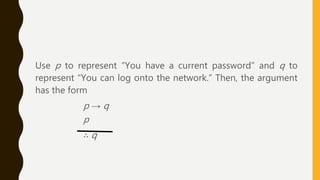 Use p to represent “You have a current password” and q to
represent “You can log onto the network.” Then, the argument
has the form
p → q
p
∴ q
 