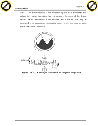 F T ra n sf o                                                                                                              F T ra n sf o
          PD                   rm                                                                                                    PD                   rm
      Y                                                                                                                          Y
 Y




                                                                                                                            Y
                                er




                                                                                                                                                           er
ABB




                                                                                                                           ABB
                          y




                                                                                                                                                     y
                       bu




                                                                                                                                                  bu
                                    2.0




                                                                                                                                                               2.0
                     to




                                                                                                                                                to
                  re




                                                                                                                                             re
                                                                                                           J3103/1/14
                he




                                                                                                                                           he
           k




                                                                                                                                      k
          lic




                                                                                                                                     lic
                                          SCREW THREAD
      C




                                                                                                                                 C
      w                        om                                                                                                w                        om
  w




                                                                                                                             w
          w.                                                                                                                         w.
               A B B Y Y.c                                                                                                                A B B Y Y.c



                                              Note: If the threaded angle is not correct or square with the centre line,
                                              adjust the vernier protractor chart to measure the angle of the thread
                                              image.    Other dimensions of the threads, and width of flats, may be
                                              measured with micrometer measuring stages or devices such as rods,
                                              gauge blocks and indicators.




                                               helix angle




                                                Figure 1.10 (a). Checking a thread form on an optical comparator
 