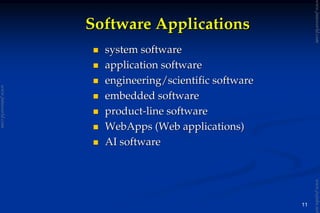 11
Software ApplicationsSoftware Applications
system softwaresystem software
application softwareapplication software
engineering/scientific softwareengineering/scientific software
embedded softwareembedded software
productproduct--line softwareline software
WebApps (Web applications)WebApps (Web applications)
AI softwareAI software
www.jntuworld.com
www.jntuworld.com
www.jwjobs.net
 