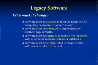 13
Legacy SoftwareLegacy Software
software must besoftware must be adaptedadapted to meet the needs of newto meet the needs of new
computing environments or technology.computing environments or technology.
software must besoftware must be enhancedenhanced to implement newto implement new
business requirements.business requirements.
software must besoftware must be extended to make it interoperableextended to make it interoperable
with other more modern systems or databases.with other more modern systems or databases.
software must besoftware must be rere--architectedarchitected to make it viableto make it viable
within a network environmentwithin a network environment.
Why must it change?
www.jntuworld.com
www.jntuworld.com
www.jwjobs.net
 