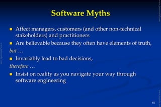 15
Software MythsSoftware Myths
Affect managers, customers (and other nonAffect managers, customers (and other non--technicaltechnical
stakeholders) and practitionersstakeholders) and practitioners
Are believable because they often have elements of truth,Are believable because they often have elements of truth,
butbut ……
Invariably lead to bad decisions,Invariably lead to bad decisions,
thereforetherefore ……
Insist on reality as you navigate your way throughInsist on reality as you navigate your way through
software engineeringsoftware engineering
www.jntuworld.com
www.jntuworld.com
www.jwjobs.net
 