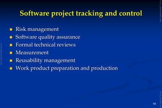 19
Software project tracking and controlSoftware project tracking and control
Risk managementRisk management
Software quality assuranceSoftware quality assurance
Formal technical reviewsFormal technical reviews
MeasurementMeasurement
Reusability managementReusability management
Work product preparation and productionWork product preparation and production
www.jntuworld.com
www.jntuworld.com
www.jwjobs.net
 