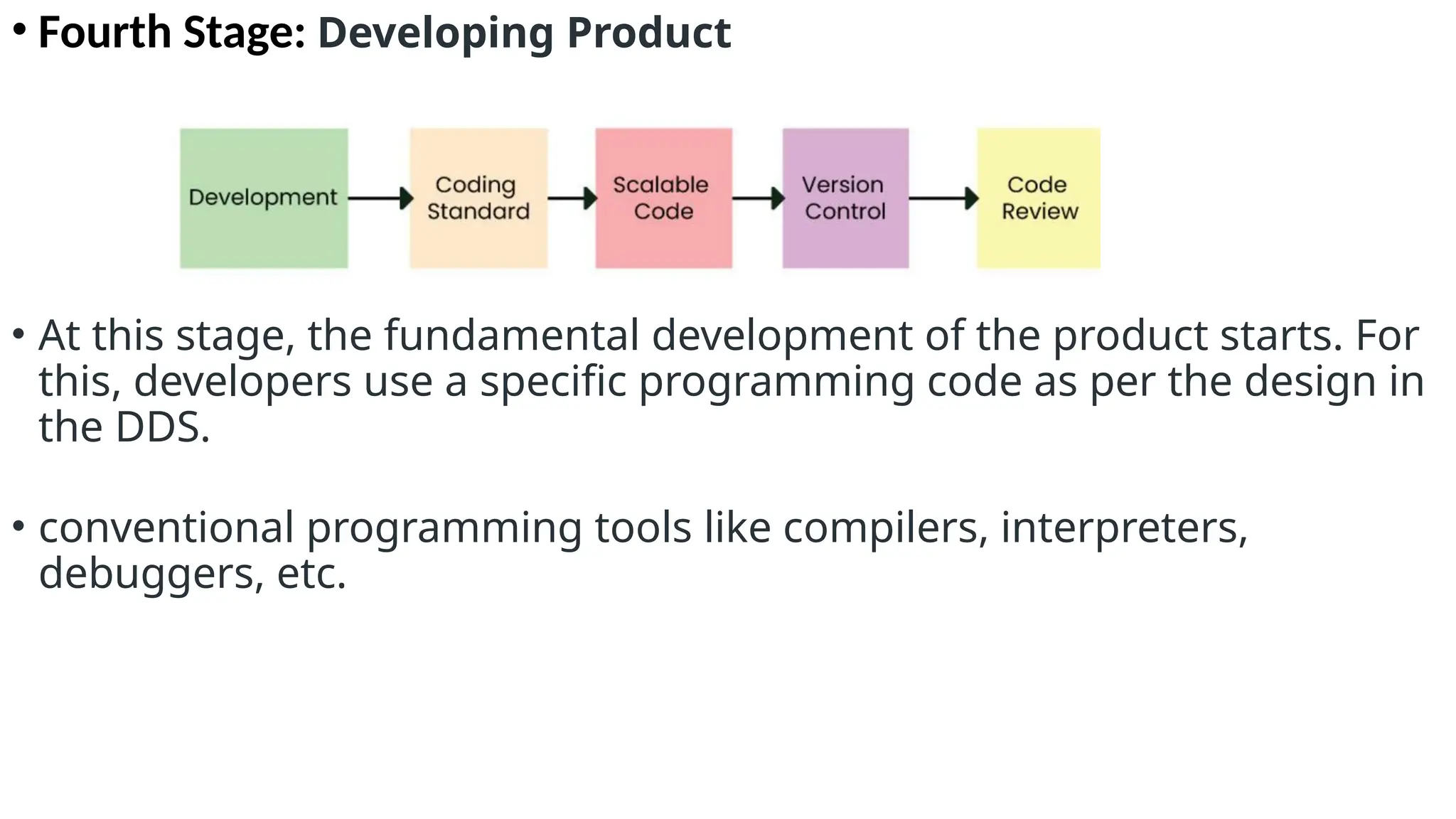 • Fourth Stage: Developing Product
• At this stage, the fundamental development of the product starts. For
this, developers use a specific programming code as per the design in
the DDS.
• conventional programming tools like compilers, interpreters,
debuggers, etc.
 