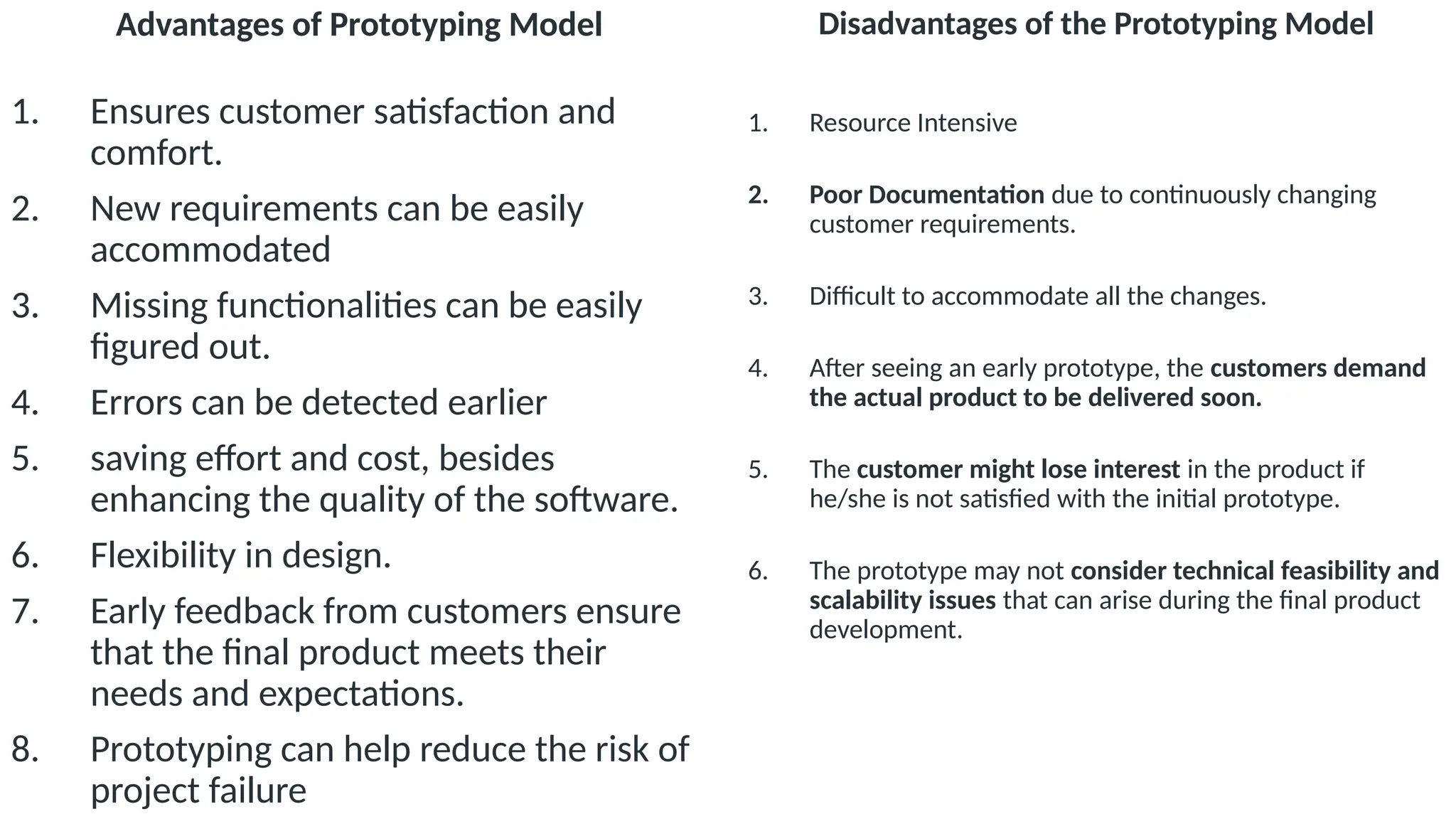 Advantages of Prototyping Model
1. Ensures customer satisfaction and
comfort.
2. New requirements can be easily
accommodated
3. Missing functionalities can be easily
figured out.
4. Errors can be detected earlier
5. saving effort and cost, besides
enhancing the quality of the software.
6. Flexibility in design.
7. Early feedback from customers ensure
that the final product meets their
needs and expectations.
8. Prototyping can help reduce the risk of
project failure
Disadvantages of the Prototyping Model
1. Resource Intensive
2. Poor Documentation due to continuously changing
customer requirements.
3. Difficult to accommodate all the changes.
4. After seeing an early prototype, the customers demand
the actual product to be delivered soon.
5. The customer might lose interest in the product if
he/she is not satisfied with the initial prototype.
6. The prototype may not consider technical feasibility and
scalability issues that can arise during the final product
development.
 