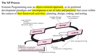 The XP Process
Extreme Programming uses an object-oriented approach, as its preferred
development paradigm and encompasses a set of rules and practices that occur within
the context of four framework activities: planning, design, coding, and testing.
 