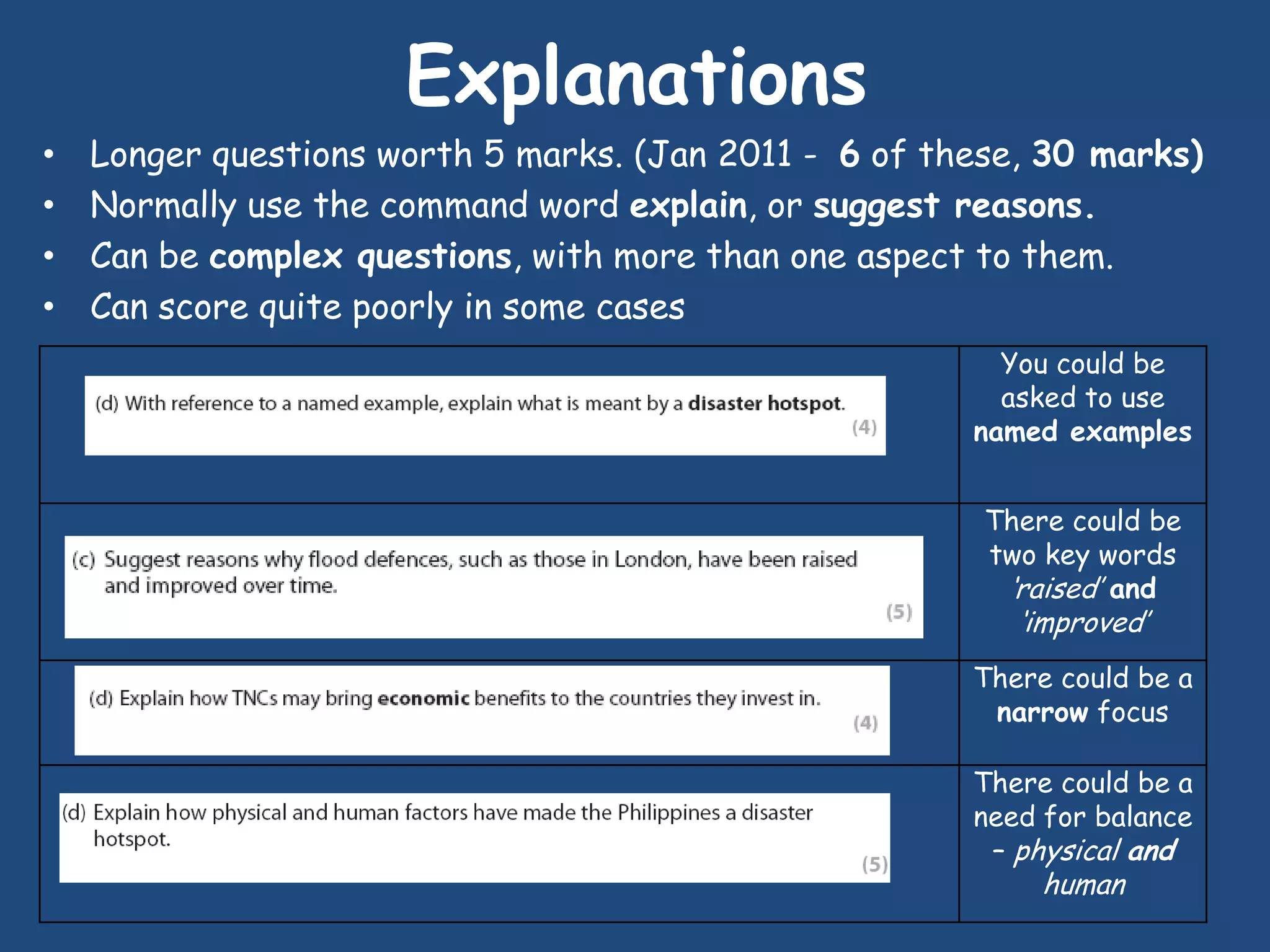 Explanations
•   Longer questions worth 5 marks. (Jan 2011 - 6 of these, 30 marks)
•   Normally use the command word explain, or suggest reasons.
•   Can be complex questions, with more than one aspect to them.
•   Can score quite poorly in some cases
                                                         You could be
                                                         asked to use
                                                       named examples


                                                        There could be
                                                        two key words
                                                         „raised‟ and
                                                          „improved‟
                                                       There could be a
                                                        narrow focus

                                                       There could be a
                                                       need for balance
                                                        – physical and
                                                            human
 