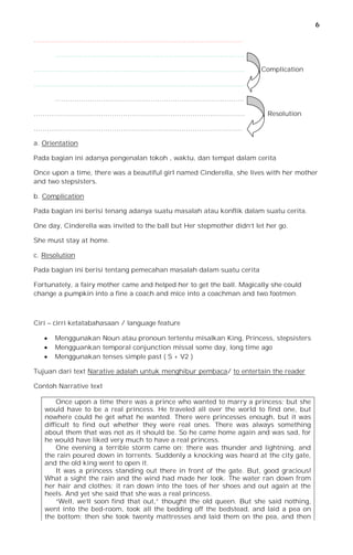 6

……………………………………………………………………………………

       ……………………………………………………………………………

…………………………………………………………………………………….                                       Complication

…………………………………………………………………………………….

       ……………………………………………………………………………

…………………………………………………………………………………….                                         Resolution

……………………………………………………………………………………

a. Orientation

Pada bagian ini adanya pengenalan tokoh , waktu, dan tempat dalam cerita

Once upon a time, there was a beautiful girl named Cinderella, she lives with her mother
and two stepsisters.

b. Complication

Pada bagian ini berisi tenang adanya suatu masalah atau konflik dalam suatu cerita.

One day, Cinderella was invited to the ball but Her stepmother didn’t let her go.

She must stay at home.

c. Resolution

Pada bagian ini berisi tentang pemecahan masalah dalam suatu cerita

Fortunately, a fairy mother came and helped her to get the ball. Magically she could
change a pumpkin into a fine a coach and mice into a coachman and two footmen.



Ciri – cirri ketatabahasaan / language feature

      Menggunakan Noun atau pronoun tertentu misalkan King, Princess, stepsisters
      Mengguankan temporal conjunction missal some day, long time ago
      Menggunakan tenses simple past ( S + V2 )

Tujuan dari text Narative adalah untuk menghibur pembaca/ to entertain the reader

Contoh Narrative text

       Once upon a time there was a prince who wanted to marry a princess; but she
   would have to be a real princess. He traveled all over the world to find one, but
   nowhere could he get what he wanted. There were princesses enough, but it was
   difficult to find out whether they were real ones. There was always something
   about them that was not as it should be. So he came home again and was sad, for
   he would have liked very much to have a real princess.
       One evening a terrible storm came on; there was thunder and lightning, and
   the rain poured down in torrents. Suddenly a knocking was heard at the city gate,
   and the old king went to open it.
       It was a princess standing out there in front of the gate. But, good gracious!
   What a sight the rain and the wind had made her look. The water ran down from
   her hair and clothes; it ran down into the toes of her shoes and out again at the
   heels. And yet she said that she was a real princess.
       “Well, we’ll soon find that out,” thought the old queen. But she said nothing,
   went into the bed-room, took all the bedding off the bedstead, and laid a pea on
   the bottom; then she took twenty mattresses and laid them on the pea, and then
 