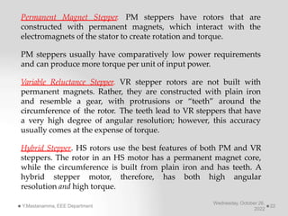 Permanent Magnet Stepper.
Wednesday, October 26,
2022
Y.Mastanamma, EEE Department 22
constructed with permanent magnets, which interact with
PM steppers have rotors that are
the
electromagnets of the stator to create rotation and torque.
PM steppers usually have comparatively low power requirements
and can produce more torque per unit of input power.
Variable Reluctance Stepper. VR stepper rotors are not built with
permanent magnets. Rather, they are constructed with plain iron
and resemble a gear, with protrusions or “teeth” around the
circumference of the rotor. The teeth lead to VR steppers that have
a very high degree of angular resolution; however, this accuracy
usually comes at the expense of torque.
Hybrid Stepper. HS rotors use the best features of both PM and VR
steppers. The rotor in an HS motor has a permanent magnet core,
while the circumference is built from plain iron and has teeth. A
hybrid stepper motor, therefore, has both high angular
resolution and high torque.
 