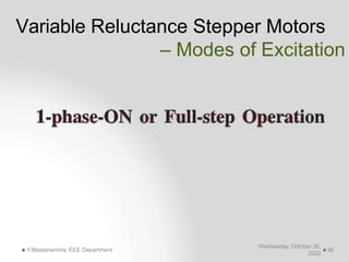 Variable Reluctance Stepper Motors
Wednesday, October 26,
2022
Y.Mastanamma, EEE Department 36
– Modes of Excitation
 