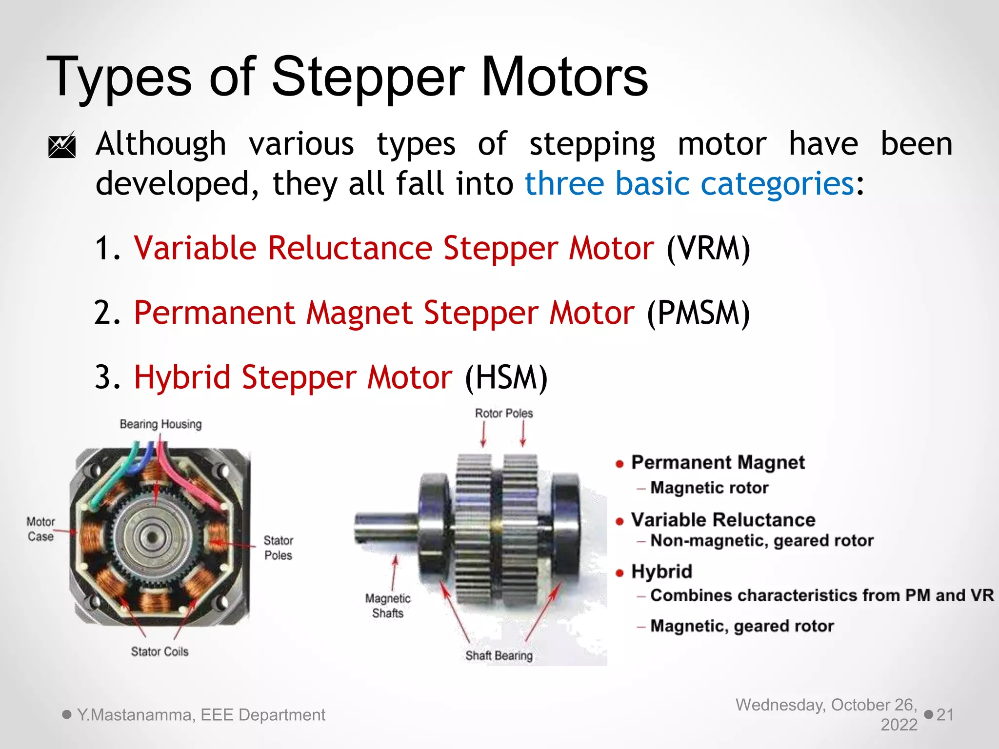 Types of Stepper Motors
 Although various types of stepping motor have been
developed, they all fall into three basic categories:
1. Variable Reluctance Stepper Motor (VRM)
2. Permanent Magnet Stepper Motor (PMSM)
3. Hybrid Stepper Motor (HSM)
Wednesday, October 26,
2022
Y.Mastanamma, EEE Department 21
 
