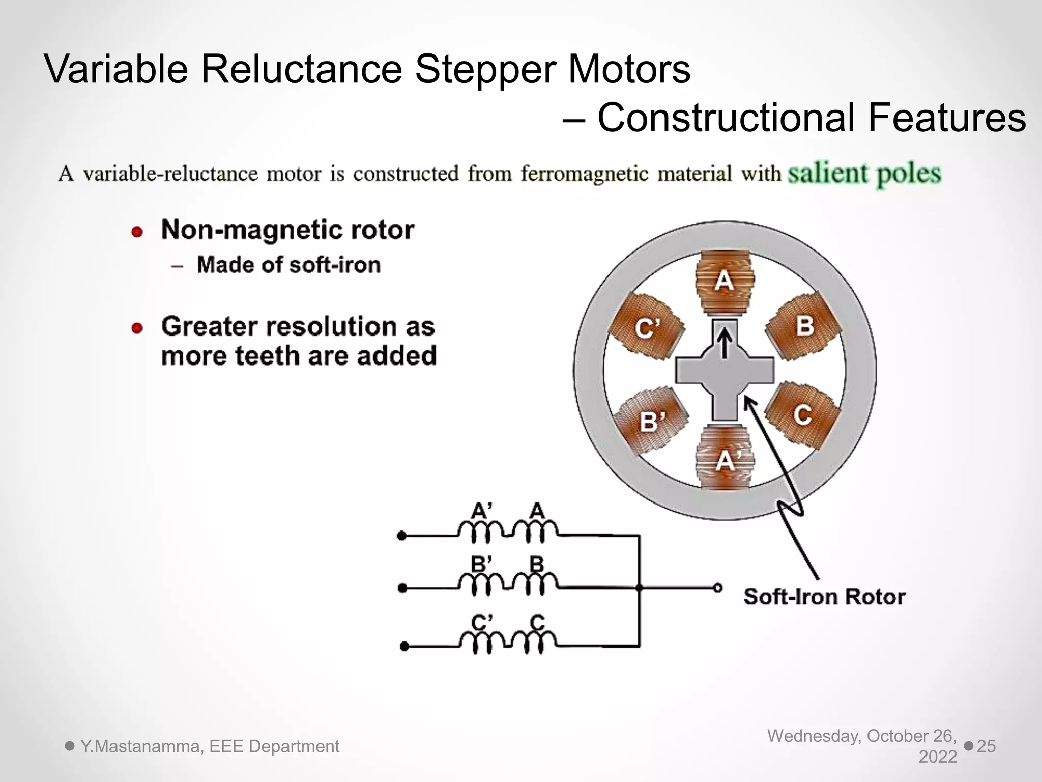 Variable Reluctance Stepper Motors
– Constructional Features
Wednesday, October 26,
2022
Y.Mastanamma, EEE Department 25
 