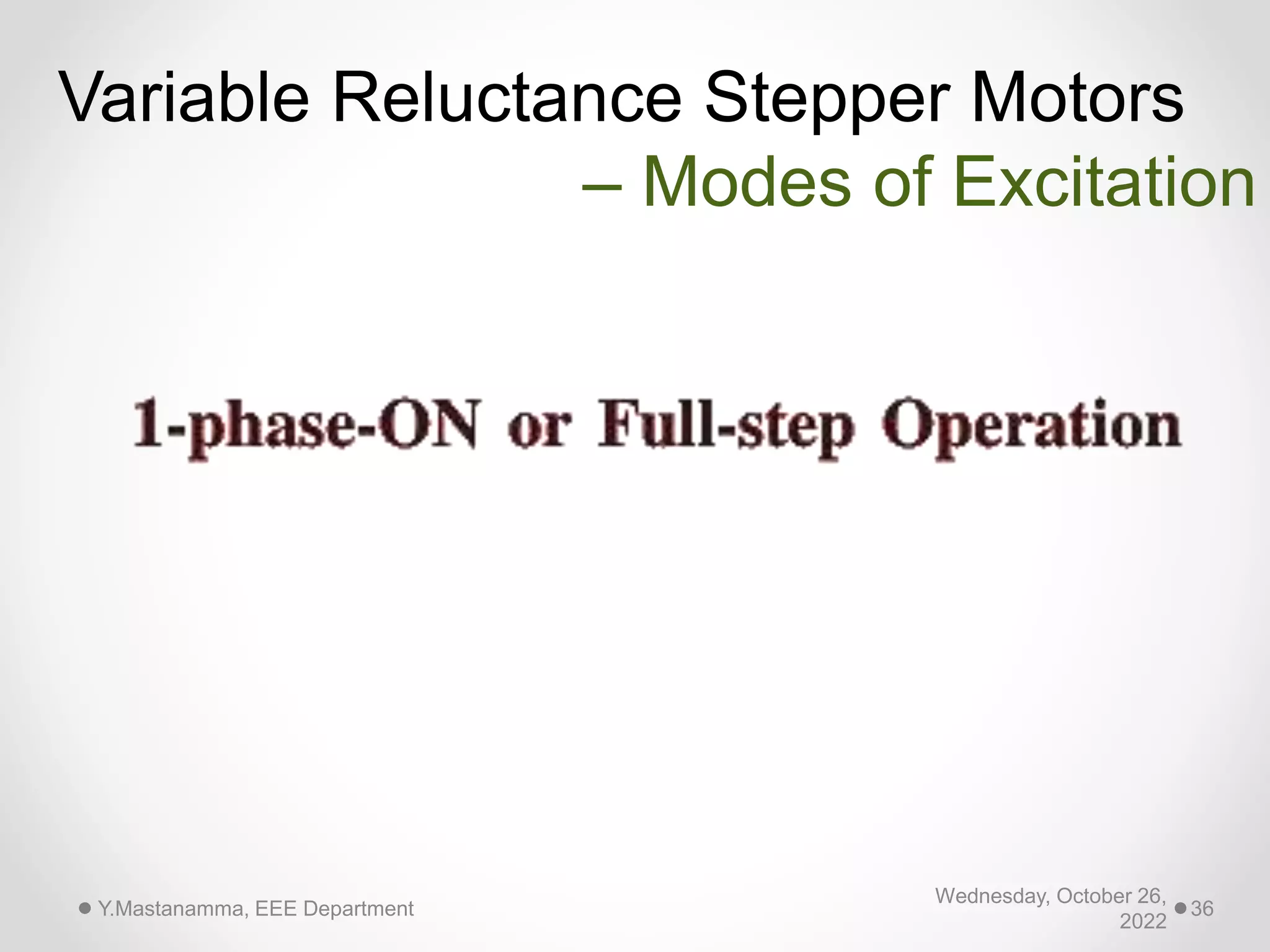 Wednesday, October 26,
2022
Y.Mastanamma, EEE Department 36
Variable Reluctance Stepper Motors
– Modes of Excitation
 