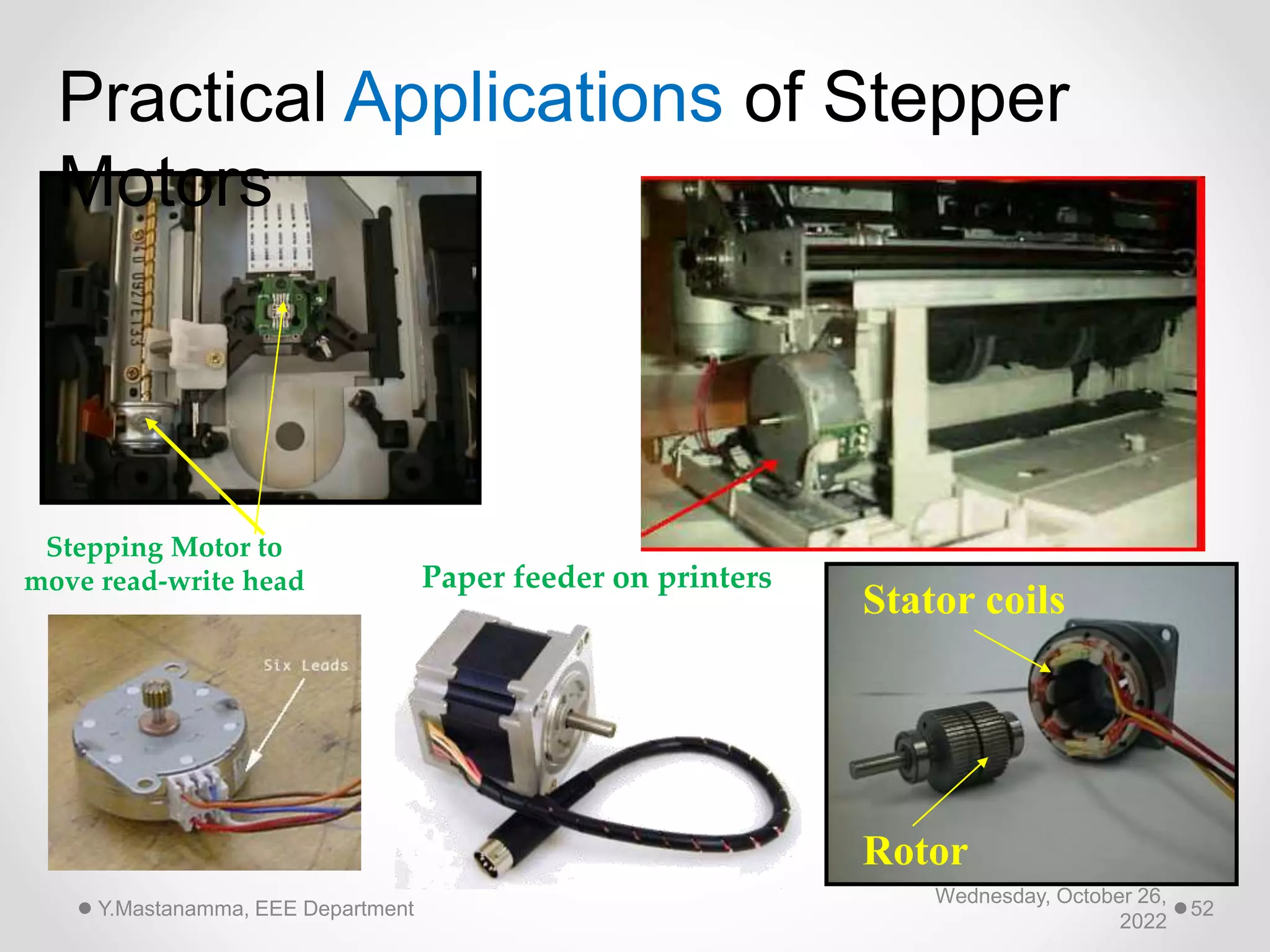 Wednesday, October 26,
2022
Y.Mastanamma, EEE Department 52
Paper feeder on printers
Rotor
Stator coils
Stepping Motor to
move read-write head
Practical Applications of Stepper
Motors
 
