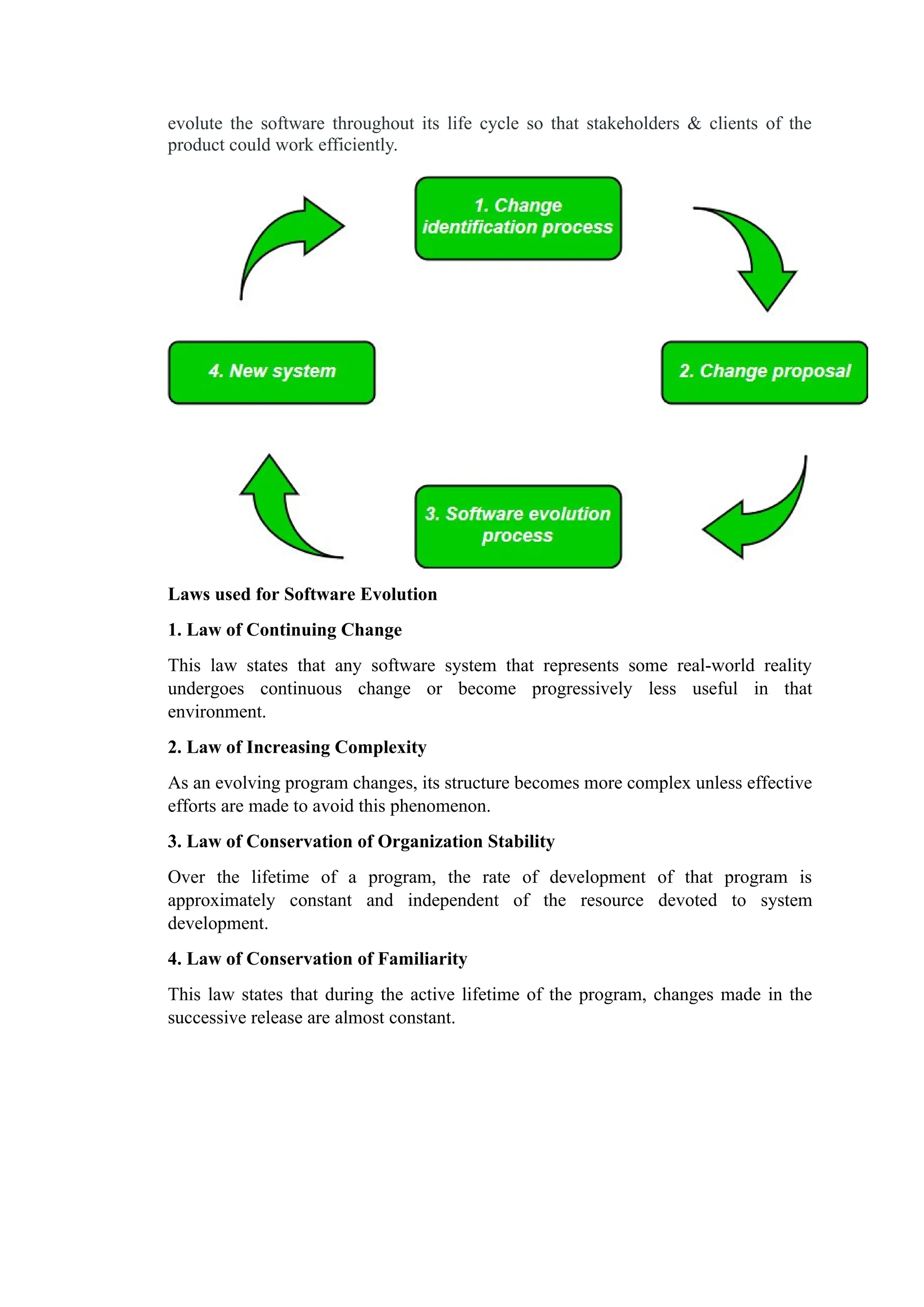 evolute the software throughout its life cycle so that stakeholders & clients of the
product could work efficiently.
Laws used for Software Evolution
1. Law of Continuing Change
This law states that any software system that represents some real-world reality
undergoes continuous change or become progressively less useful in that
environment.
2. Law of Increasing Complexity
As an evolving program changes, its structure becomes more complex unless effective
efforts are made to avoid this phenomenon.
3. Law of Conservation of Organization Stability
Over the lifetime of a program, the rate of development of that program is
approximately constant and independent of the resource devoted to system
development.
4. Law of Conservation of Familiarity
This law states that during the active lifetime of the program, changes made in the
successive release are almost constant.
 