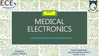MEDICAL
ELECTRONICS
EC8073
Faculty Handled By:
Mrs.P.Sivalakshmi AP/ECE
Section: A & B
FIFTH SEMESTER-III YEAR- (2019-2023 BATCH)
SESSION:3
DATE: 27.08.2021
 