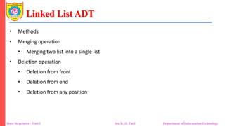 Linked List ADT
Data Structures – Unit 1 Ms. K. D. Patil Department of Information Technology
• Methods
• Merging operation
• Merging two list into a single list
• Deletion operation
• Deletion from front
• Deletion from end
• Deletion from any position
 