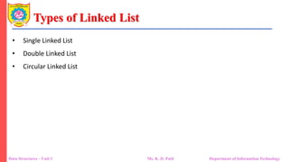 Types of Linked List
Data Structures – Unit 1 Ms. K. D. Patil Department of Information Technology
• Single Linked List
• Double Linked List
• Circular Linked List
 