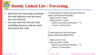Doubly Linked List : Traversing
Data Structures – Unit 1 Ms. K. D. Patil Department of Information Technology
• Start from the head node and follow
the next reference until we reach
the end of the list
• Can also start from the tail node
and follow the prev until we reach
the head of the node
// Traversing from head to the end of the list
public void traverseForward() {
Node current = head;
while (current != null) {
System.out.print(current.data + " ");
current = current.next;
}
}
// Traversing from tail to the head
public void traverseBackward()
{
Node current = tail;
while (current != null) {
System.out.print(current.data + " ");
current = current.prev;
}
}
 