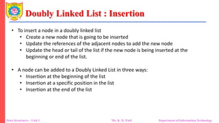 Doubly Linked List : Insertion
Data Structures – Unit 1 Ms. K. D. Patil Department of Information Technology
• To insert a node in a doubly linked list
• Create a new node that is going to be inserted
• Update the references of the adjacent nodes to add the new node
• Update the head or tail of the list if the new node is being inserted at the
beginning or end of the list.
• A node can be added to a Doubly Linked List in three ways:
• Insertion at the beginning of the list
• Insertion at a specific position in the list
• Insertion at the end of the list
 