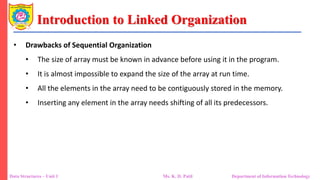 Introduction to Linked Organization
Data Structures – Unit 1 Ms. K. D. Patil Department of Information Technology
• Drawbacks of Sequential Organization
• The size of array must be known in advance before using it in the program.
• It is almost impossible to expand the size of the array at run time.
• All the elements in the array need to be contiguously stored in the memory.
• Inserting any element in the array needs shifting of all its predecessors.
 