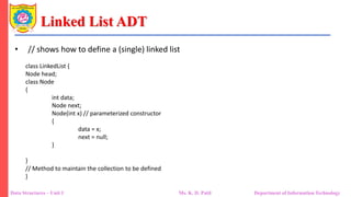 Linked List ADT
Data Structures – Unit 1 Ms. K. D. Patil Department of Information Technology
• // shows how to define a (single) linked list
class LinkedList {
Node head;
class Node
{
int data;
Node next;
Node(int x) // parameterized constructor
{
data = x;
next = null;
}
}
// Method to maintain the collection to be defined
}
 