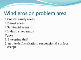 Wind erosion problem area
 Coastal sandy areas
 Desert areas
 Semi-arid areas
 In-land river sands
Types
1. Sweeping drift
2. Active drift (saltation, suspension & surface
creep)
 