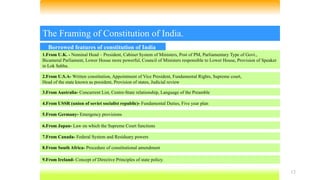 12
The Framing of Constitution of India.
1.From U.K. - Nominal Head – President, Cabinet System of Ministers, Post of PM, Parliamentary Type of Govt.,
Bicameral Parliament, Lower House more powerful, Council of Ministers responsible to Lower House, Provision of Speaker
in Lok Sabha.
Borrowed features of constitution of India
2.From U.S.A- Written constitution, Appointment of Vice President, Fundamental Rights, Supreme court,
Head of the state known as president, Provision of states, Judicial review
7.From Canada- Federal System and Residuary powers
4.From USSR (union of soviet socialist republic)- Fundamental Duties, Five year plan
3.From Australia- Concurrent List, Centre-State relationship, Language of the Preamble
5.From Germany- Emergency provisions
6.From Japan- Law on which the Supreme Court functions
8.From South Africa- Procedure of constitutional amendment
9.From Ireland- Concept of Directive Principles of state policy.
 