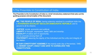 15
5.The Preamble to Constitution of India.
The Preamble to the Constitution of India is a brief introductory statement that sets out the
guiding purpose and principles of the document.
WE, THE PEOPLE OF INDIA, having solemnly resolved to constitute India into
a SOVEREIGN SOCIALIST SECULAR DEMOCRATIC REPUBLIC and to
secure to all its citizens:
JUSTICE, social, economic and political;
LIBERTY of thought, expression, belief, faith and worship;
EQUALITY of status and of opportunity;
and to promote among them all
FRATERNITY assuring the dignity of the individual and the unity and integrity of
the Nation;
IN OUR CONSTITUENT ASSEMBLY this twenty-sixth day of November, 1949,
do HEREBY ADOPT, ENACT AND GIVE TO OURSELVES THIS
CONSTITUTION.
 