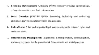 4. Economic Development: A thriving (संपन्न) economy provides opportunities,
reduces inequalities, and fosters innovation.
5. Social Cohesion (सामाजिक एकता): Promoting inclusivity and addressing
grievances prevent societal divisions and conflicts.
6. Rule of Law: A fair and impartial legal system safeguards citizens’ rights and
maintains order.
7. Infrastructure Development: Investments in transportation, communication,
and energy systems lay the groundwork for economic and social progress.
 