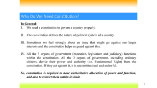 6
Why Do We Need Constitution?
In General-
I. We need a constitution to govern a country properly.
II. The constitution defines the nature of political system of a country.
III. Sometimes we feel strongly about an issue that might go against our larger
interests and the constitution helps us guard against this.
IV. All the 3 organs of government (executive, legislature and judiciary) functions
within the constitution. All the 3 organs of government, including ordinary
citizens, derive their power and authority (i.e. Fundamental Right) from the
constitution. If they act against it, it is unconstitutional and unlawful.
So, constitution is required to have authoritative allocation of power and function,
and also to restrict them within its limit.
 