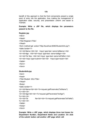 179
benefit of this approach is that the front components present a single
point of entry into the application, thus making the management of
application state, security, and presentation uniform and easier to
maintain.
Example: Write a JSP file, which displays the parameters
passed to the file.
Register.jsp
<Html>
<Head>
<Title>Register</Title>
</Head>
<form method=get action="http://localhost:8080/StudentInfo.jsp">
<table border=1>
<tr><td>Name:</td><td> <input type=text name=txtName></td>
<tr><td>Age: </td><td><input type=text name=txtAge></td>
<tr><td>Tel Nos: </td><td><input type=text name=txtTelNo></td>
<tr><td><input type=submit></td><td> <input type=reset></td>
</table>
</form>
</html>
StudentInfo.jsp
<html>
<head>
<Title>Student Info</Title>
</Head>
<Body>
<table border=1>
<tr><td>Name</td><td><%=request.getParameter("txtName")
%></td></tr>
<tr><td>Age</td><td><%=request.getParameter("txtAge")
%></td></tr>
<tr><td>Tel No</td><td><%=request.getParameter("txtTelNo")
%></td></tr>
</table>
</body>
</html>
Example: Write a JSP page, which displays three text boxes for
Department Number, Department Name and Location. On click
of the submit button call another JSP page which will
 